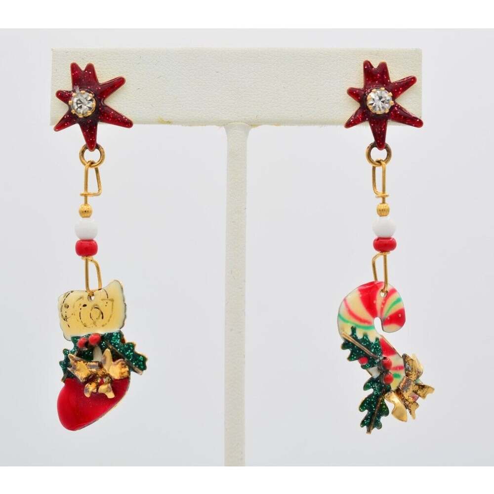 Lunch At The Ritz Christmas Earrings Stocking Candy Cane Holiday Signed BinH